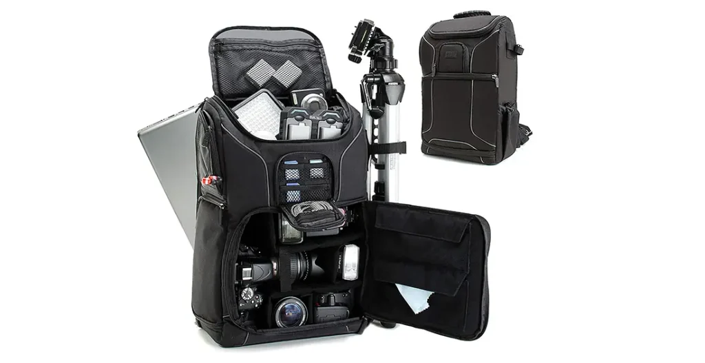 the backpack features padded compartments and adjustable dividers to protect and organize the camera equipment, as well as a dedicated laptop compartment to protect and transport the laptop. the backpack may also include additional pockets and compartments for accessories and personal items.