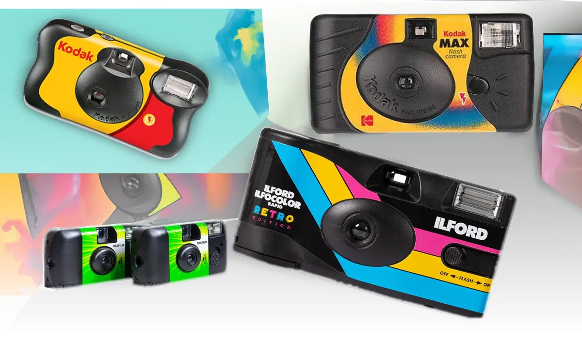 a collection of the top disposable cameras including kodak funsaver, fujifilm quicksnap, and ilford ilfocolor.