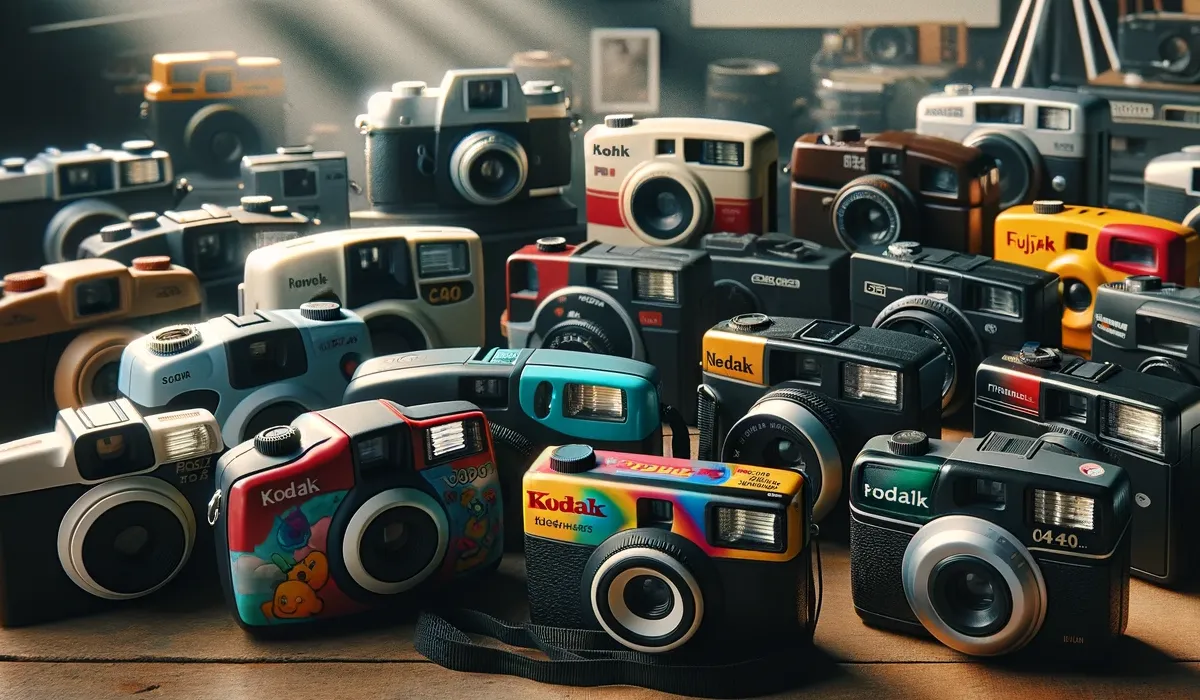 a collection of various disposable cameras from different brands like
