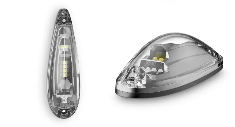 Clear LED jet lights with transparent lens, black base, and visible internal LED bulbs for marine boat lighting.