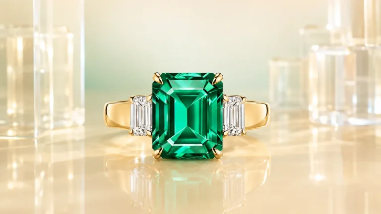 Macro close up of an emerald cut green emerald three stone ring in 18k yellow gold with two emerald cut diamond side stones on a champagne reflective surface