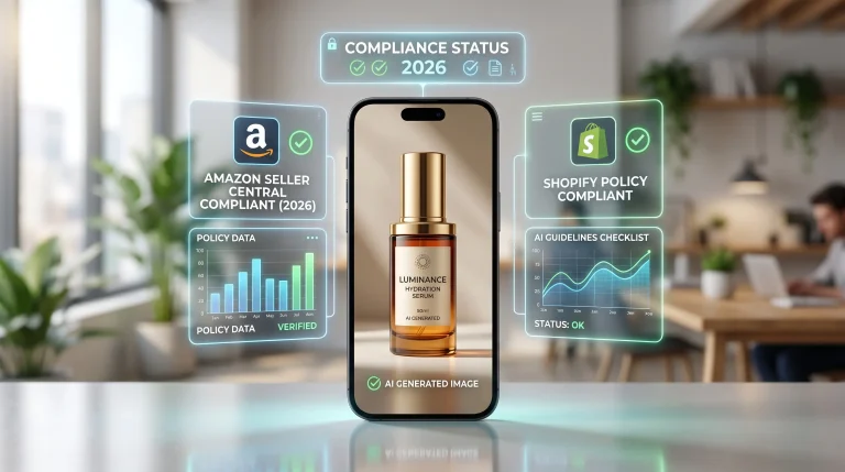 martphone displaying an AI-generated skincare product photo with holographic Amazon and Shopify logos and compliance checkmarks.